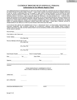 Fillable Online Evdio Authorization For Sex Offender Check Catholic Diocese Of Fax Email Print