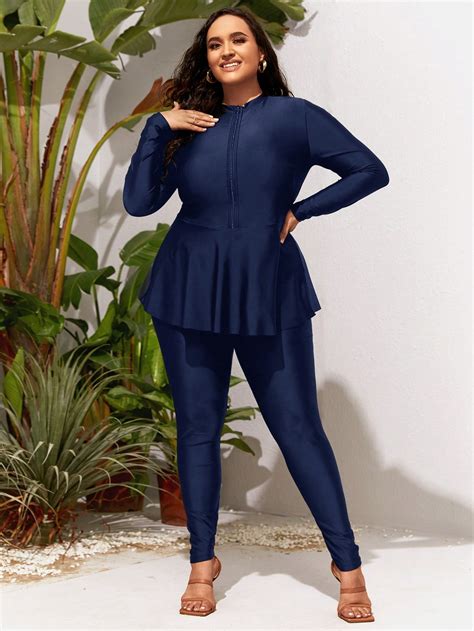 Plus Zip Front Peplum Full Body Bikini Swimsuit SHEIN UK