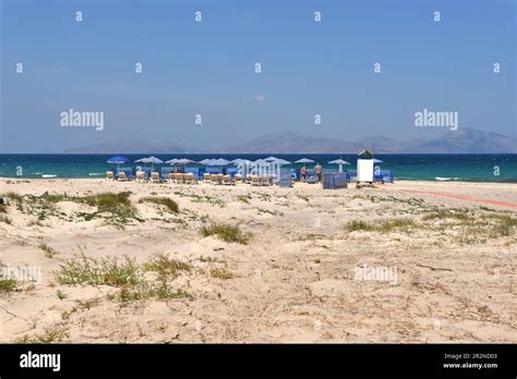 Kos Greece May 7 2023 Sun Loungers On Sandy Beach Of Marmari The