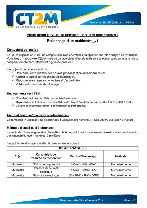 Comparaison inter laboratoires sur létalonnage dun multimètre 2020