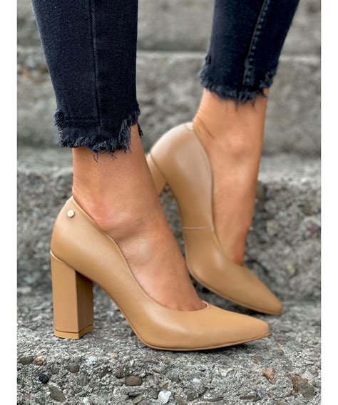 Wygodne czółenka na stabilnym słupku RUSIN MARIAM NUDE skóra naturalna