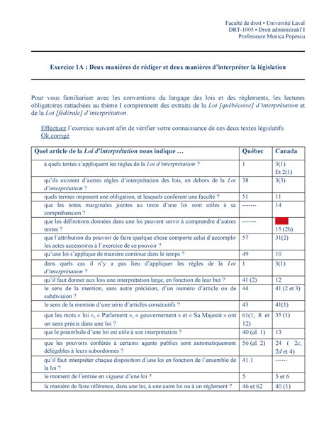 Exercice 1A Exercise sur les lois d interprétation Faculté de droit