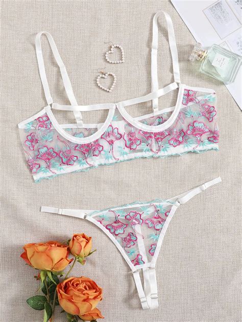 Women Sexy Strappy Underwire Push Up Sheer Lingerie Set China Underwear Set And Embroidery Bra