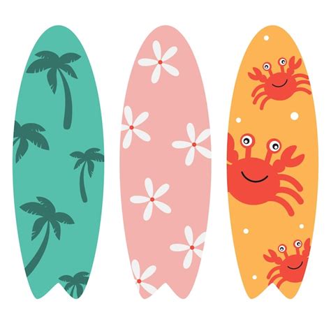 Conjunto de tablas de surf vectoriales en diseño tropical con palmeras