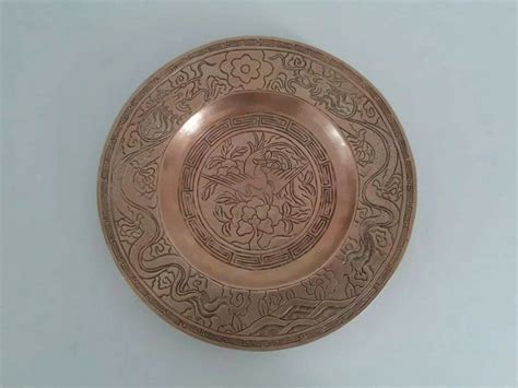 Large Antique Chinese Ming Xuande Brass Charger Bowl Engraved Dragon Phoenix Antiques And Baijiu