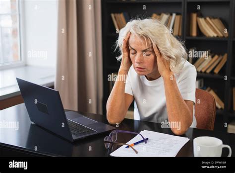 Headache Pain Middle Aged Woman Touching Temples Experiencing Stress Mature Old Lady Tired Of