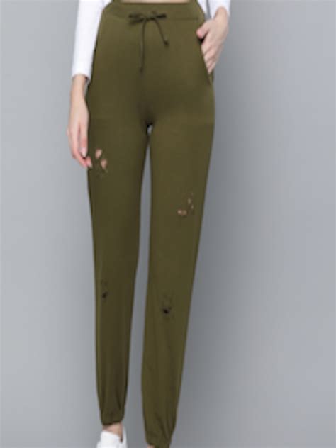 Buy Sassafras Women Olive Green Solid Ribbed High Rise Joggers Track Pants For Women 14087512