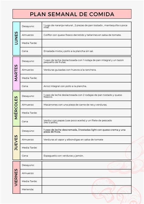 Documento A4 Planner Semanal De Comida Simple Colorido Desayuno 1