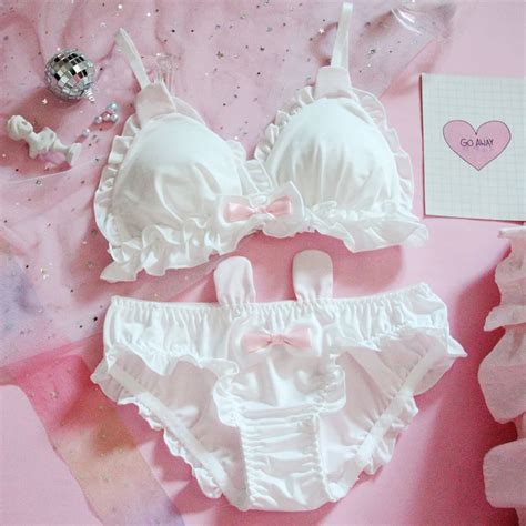 Japanese Lolita Kawaii Bow Ruffle White Underwear Set Sexy Female Cute Rabbit Ears Lingerie