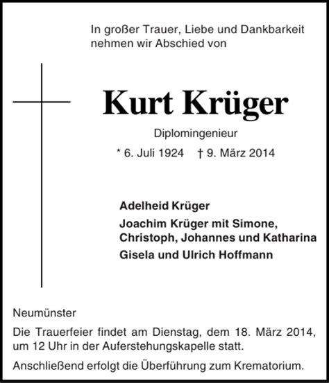 Traueranzeigen von Kurt Krüger sh z Trauer