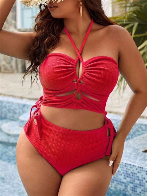 Shein Swim Curve Summer Beach Plus Size Crisscross Tie Side Halter Bikini Set Shein Usa
