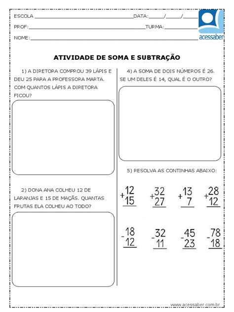 Atividade De Soma E Subtração 2 Ano - Atividade de Soma e Subtracao 2 Ano | PDF