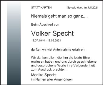 Traueranzeigen Von Volker Specht Trauer In NRW De