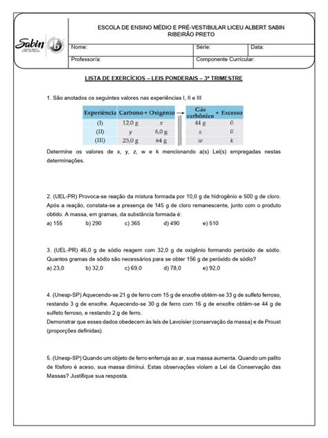 Exercícios Sobre Leis Ponderais - Exercícios de Leis Ponderais e Estequiometria | PDF | Dióxido de ...