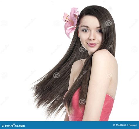 Beautiful Brunette Woman With Flower Stock Photo Image Of Fresh Studio