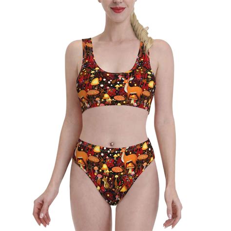 Logiee Warm Forest Plants And Deer Print Women S Piece Bikini Set Halter Bathing Suit High