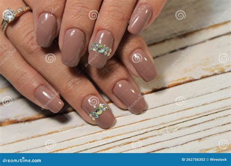 Elegant Nude Manicure Shiny Details Stock Photo Image Of Wooden Design 262756302