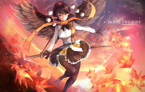 Wallpaper Long Hair Anime Girls Brunette Wings Touhou Katana