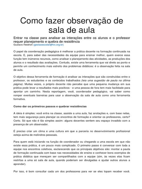 Relatório De Observação Em Sala De Aula Ensino Fundamental - Como fazer observação de sala de aula | Lição | Pedagogia