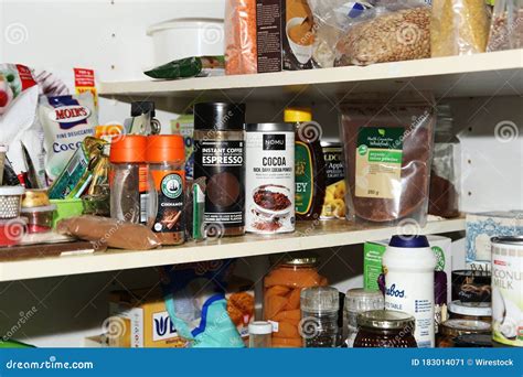 essential food items  stored   pantry editorial photo