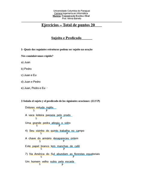 Sujeito E Predicado Exercícios Com Gabarito Pdf - Exercícios de Sujeito e Predicado | PDF