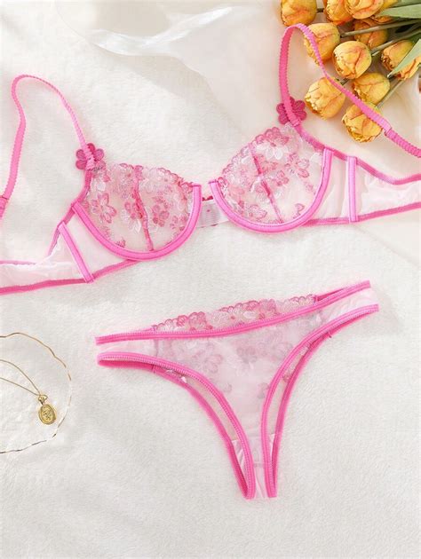 Conjunto De Lingerie Sexy Feminino Suti Bordado Floral Transparente E Tanga Shein Brasil