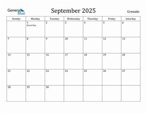 September 2025 Monthly Calendar with Grenada Holidays
