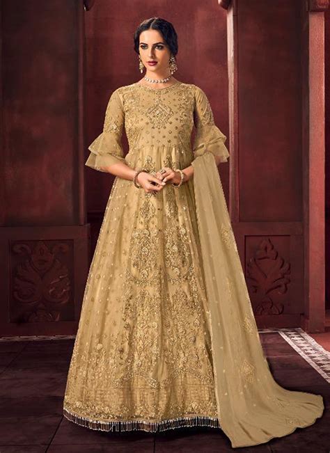 Shop Online Embroidered Net Beige Floor Length Anarkali Suit