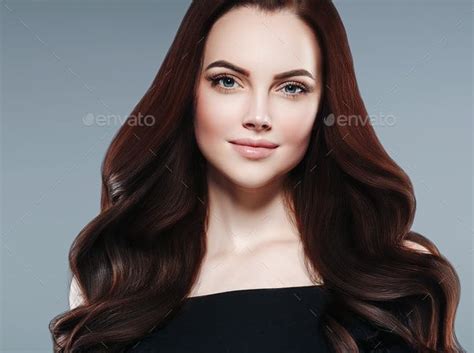 Brunette With Perfect Hair Woman Beautiful Portrait With Healthy Long Hairstyle Curly And