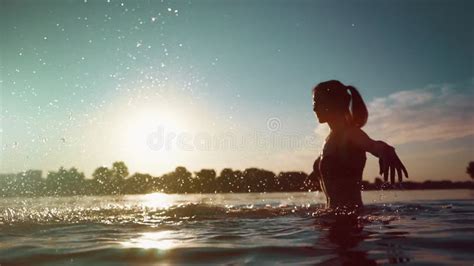 Happy Girl In Red Bikini Splash Or Play In Water And Have Fun At Sunset Stock Video Video Of