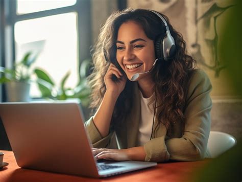 Premium AI Image Joyful Vibrant Latina Professional Working Remotely Engages In A Hybrid Video