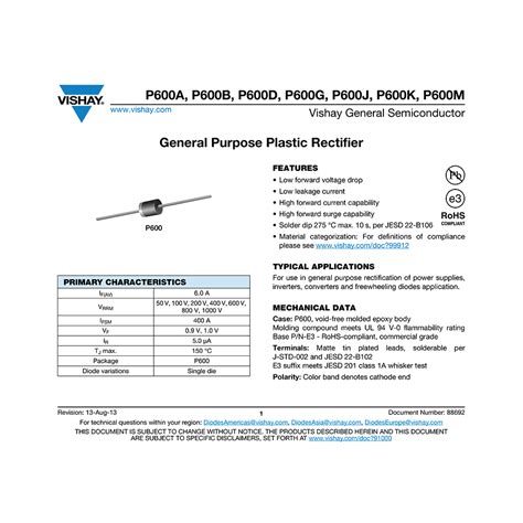 P600B Vishay 6A 100V General Purpose Rectifier Datasheet