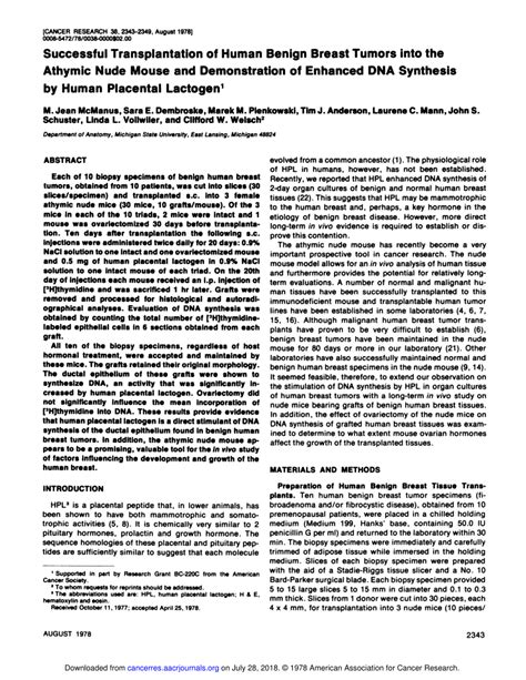 Pdf Successful Transplantation Of Human Benign Breast Tumors Into The Athymic Nude Mouse And