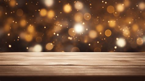 Christmas Background And Blurred Light Bokeh With Empty Wooden Deck