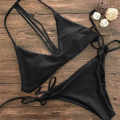 Women Swimwear Push Up Padded Solid Brazilian Swimsuit Bandage Halter Thong Bikini Set