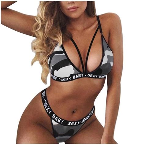 SOUTIEN GORGE Mode Sexy Femmes Lettre Imprimer Lingerie Slip G String Ensemble de sous vêtements