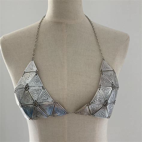 Vintage Silver Metal Bikini Style Top Displayed On Depop