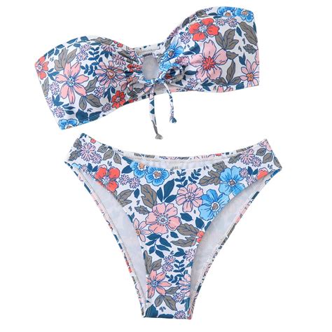 Adviicd Women Strapless Textured Bandeau Bikini Piece Swimwear Cheeky Solid Lace Up Bathing