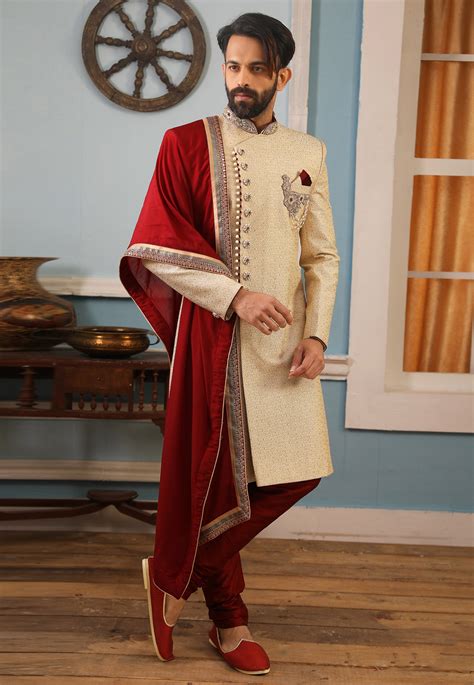 Cream Art Silk Readymade Sherwani Angrakha Style Sherwani