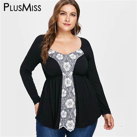 PlusMiss Plus Size Sexy Lace Crochet Tunic Tops Tees Women Autumn Long