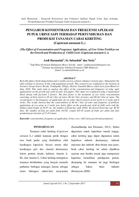 Pdf Pengaruh Konsentrasi Dan Frekuensi Aplikasi Pupuk Urine Sapi