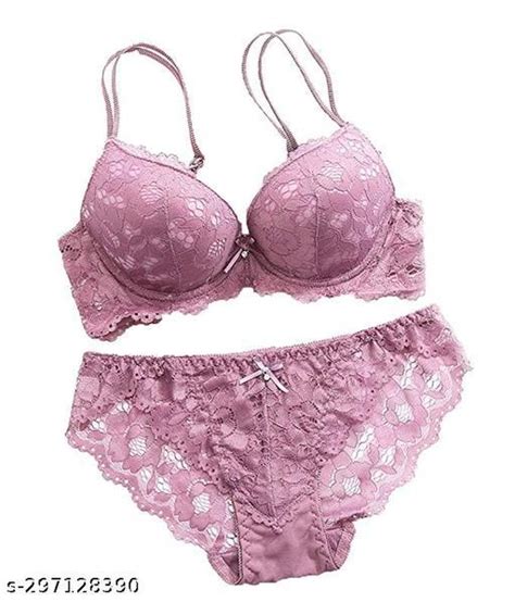 MORATER Women S Lace Push Up Underwired Solid Lingerie Set PINK