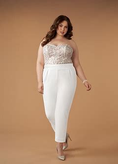 Diamond White Nude Azazie Tiffany Lace Sweetheart Neckline Stretch Crepe Jumpsuit Azazie