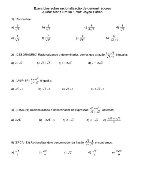 Exercícios De Racionalização De Denominadores 9 Ano Pdf - Exercicios de Racionalizacao de Denominadores | PDF