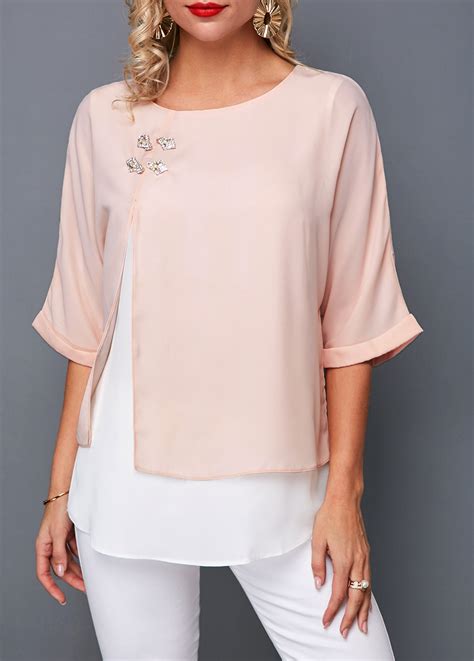 Rotita Round Neck Layered Light Pink T Shirt Rotita Usd