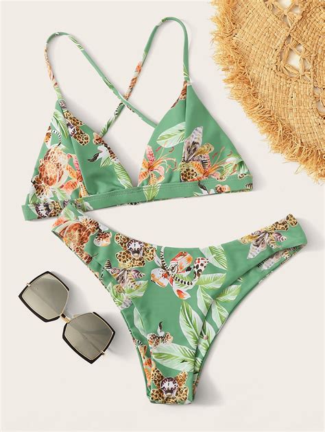 Criss Cross Triangle Random Plant Bikini Set
