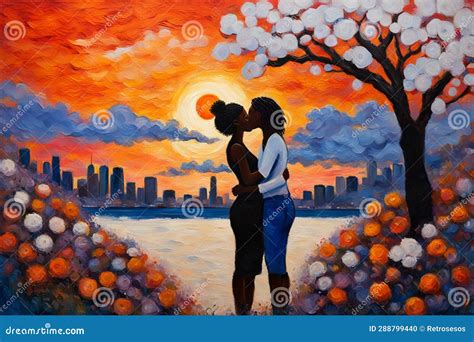 Lesbian Couple In Love Kissing With Passion Digital Painting White And Indigo Deep Brush