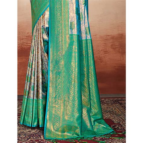 Rama Green Floral Woven Kanjivaram Silk Saree With Tassels