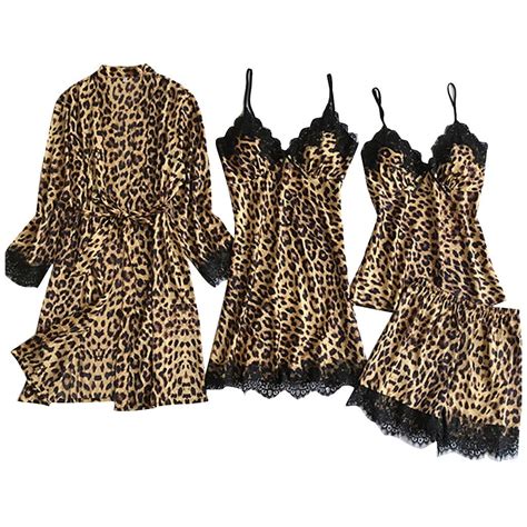 SCSAlgin PC Women S Leopard Print Nightgown Satin Silk Sexy Lingerie Cami Pajamas Bathrobe