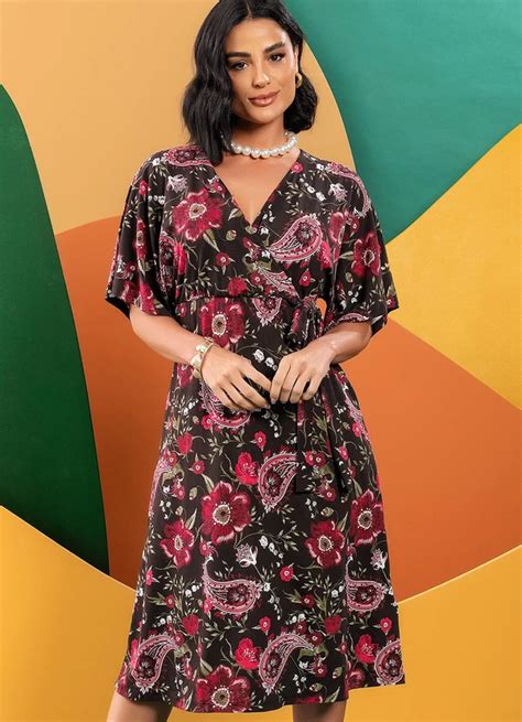 Vestido Floral Folk Em Malha De Viscose Quintess